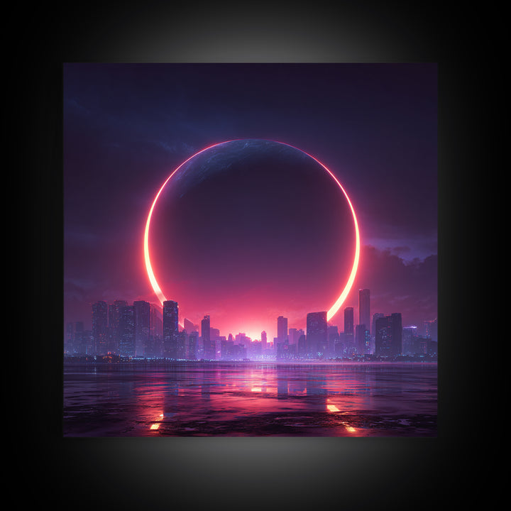 Futuristic Eclipse Cityscape Canvas Print, Neon Sci Fi Wall Art, Cyberpunk Skyline Decor For Gaming Room Or Modern Office