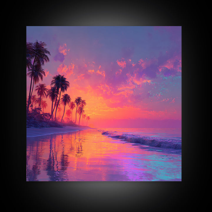 Dreamy Tropical Sunset Beach Wall Art, Colorful Coastal Ocean Canvas Print, Beach House Decor, Modern Coastal Art Print