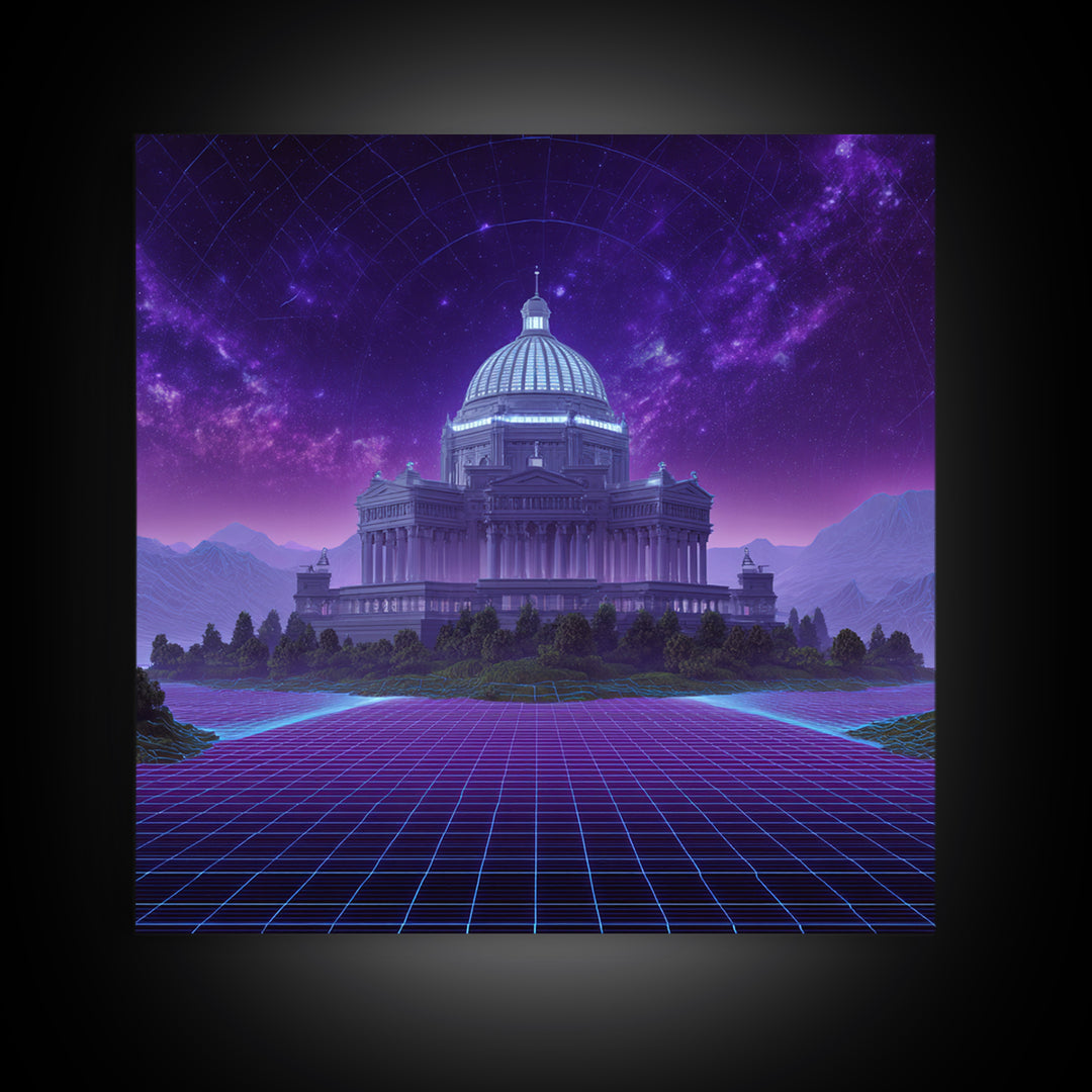 Retro Futuristic Palace Under Stars Wall Art, Neon Sci Fi Cityscape Canvas Print, Cyberpunk Gaming Room Decor