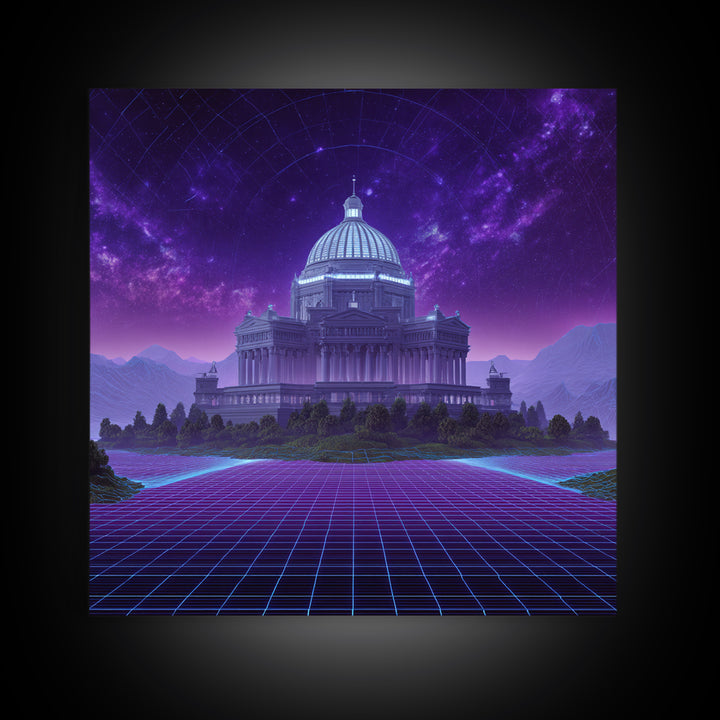 Retro Futuristic Palace Under Stars Wall Art, Neon Sci Fi Cityscape Canvas Print, Cyberpunk Gaming Room Decor