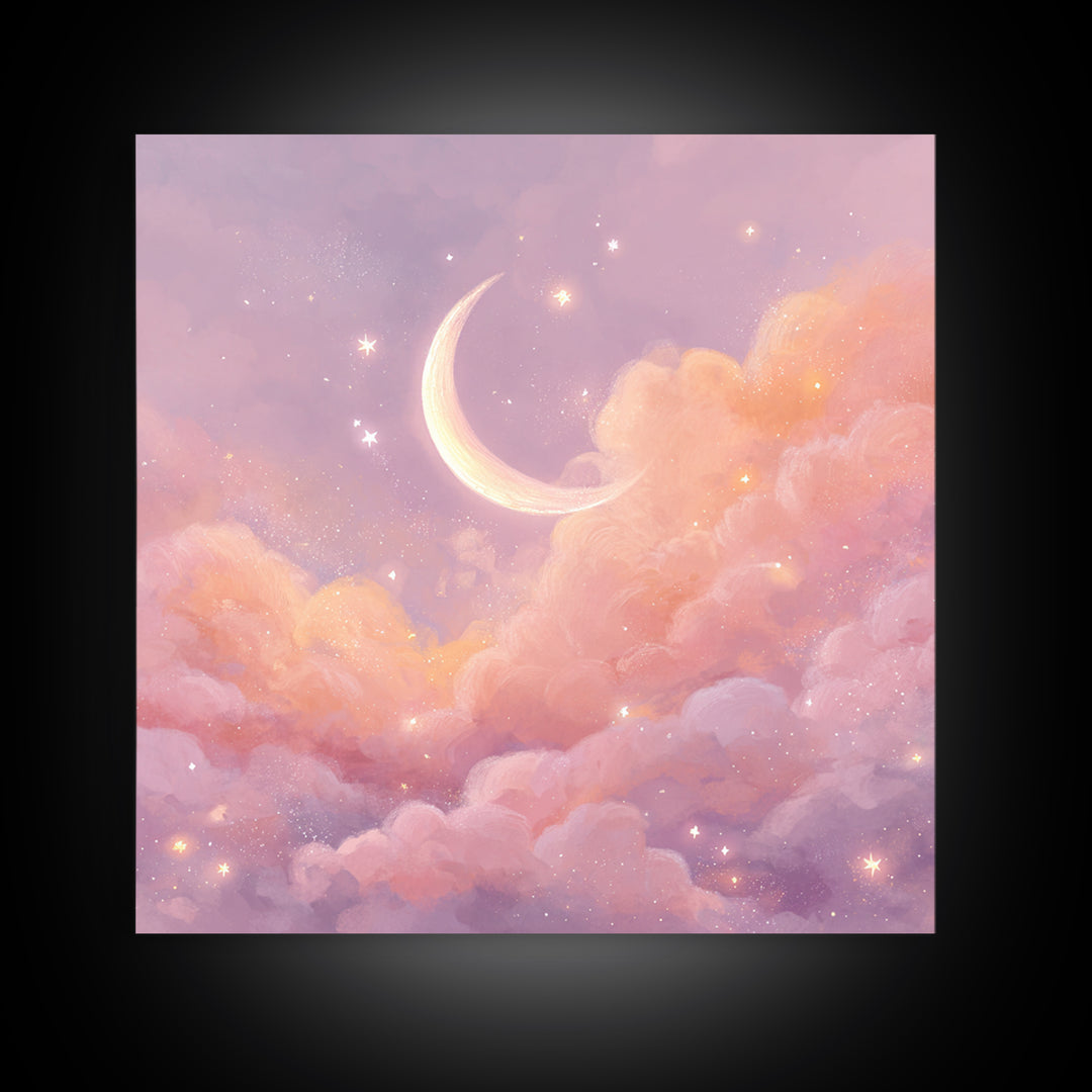 Soft Crescent Moon In Peach Clouds Canvas Print, Celestial Wall Art, Romantic Bedroom Decor, Calming Nursery Art, Cozy Wall Decor