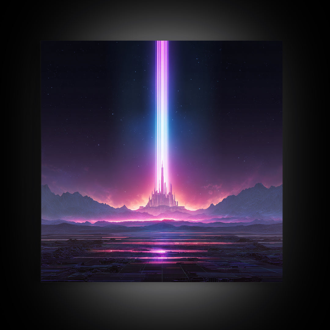 Futuristic Neon City With Beams Of Light Wall Art Canvas Print Modern Sci Fi Decor For Living Room