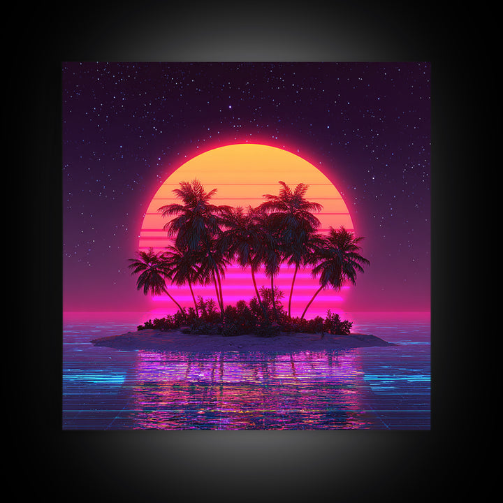 Retro Vaporwave Palm Island Wall Art, Neon Ocean Sunset Canvas Print, Aesthetic 80s Coastal Decor, Gaming Room Modern Wall Art