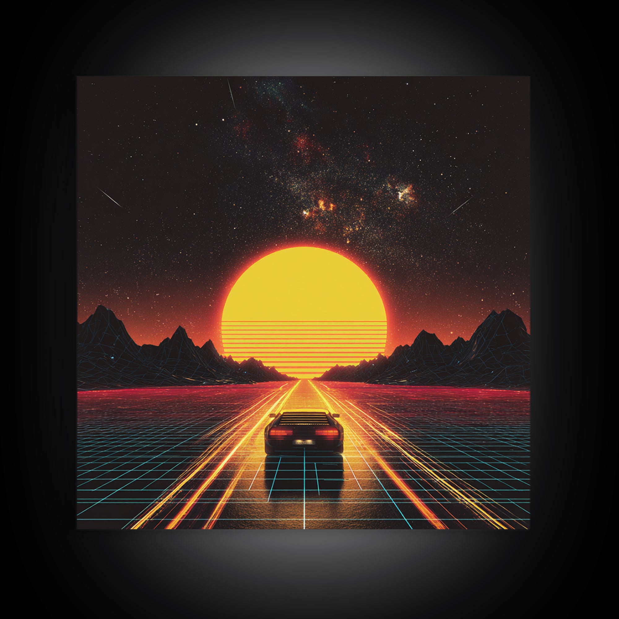 Retro Futuristic Car Road To Giant Neon Sun Wall Art, Synthwave Grid Landscape Canvas Print
