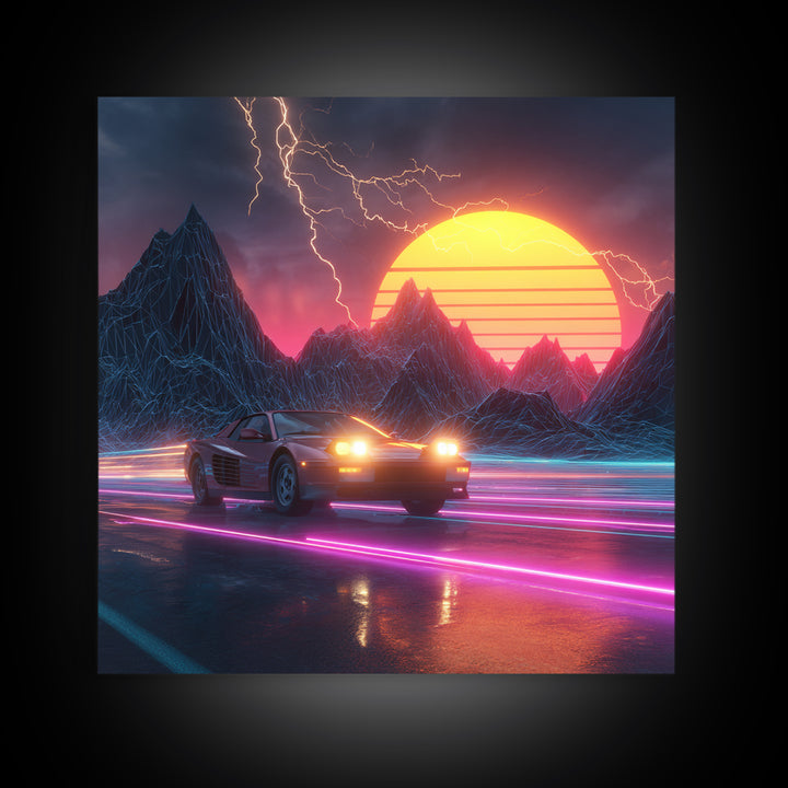 Retro Sports Car In Neon Sunset Mountains Wall Art, Cyberpunk Cityscape Canvas Print, Futuristic Gaming Room Decor