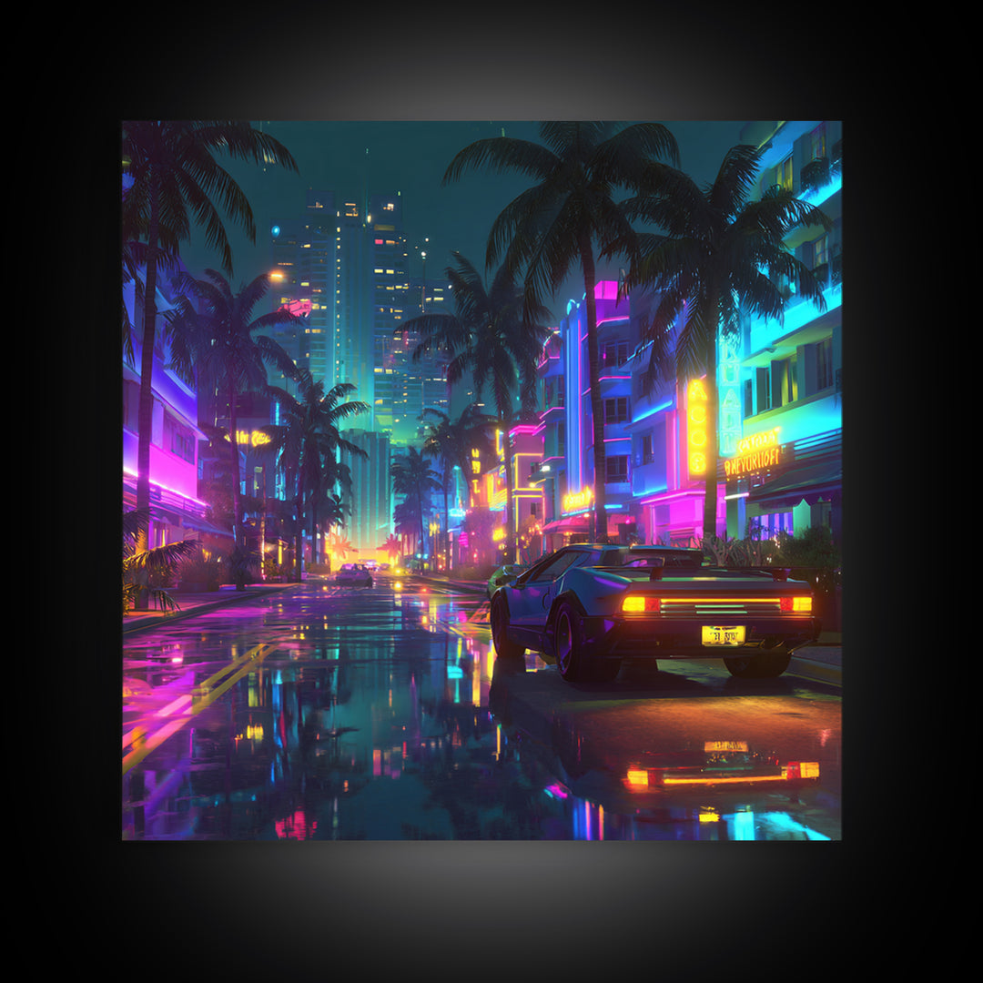 Neon Retro Futuristic City Street Wall Art, Cyberpunk Car Night Cityscape Print, Gaming Room Decor Canvas Print