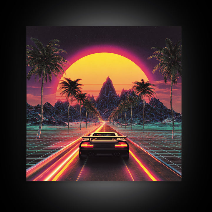 Retro Synthwave Sunset Car Wall Art Canvas Print, Neon Cityscape Art, 80s Vaporwave Decor, Gaming Room Wall Art