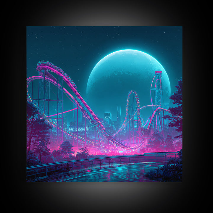 Neon Roller Coaster Under Full Moon Wall Art, Futuristic Night Amusement Park Canvas Print, Cyberpunk Gaming Decor