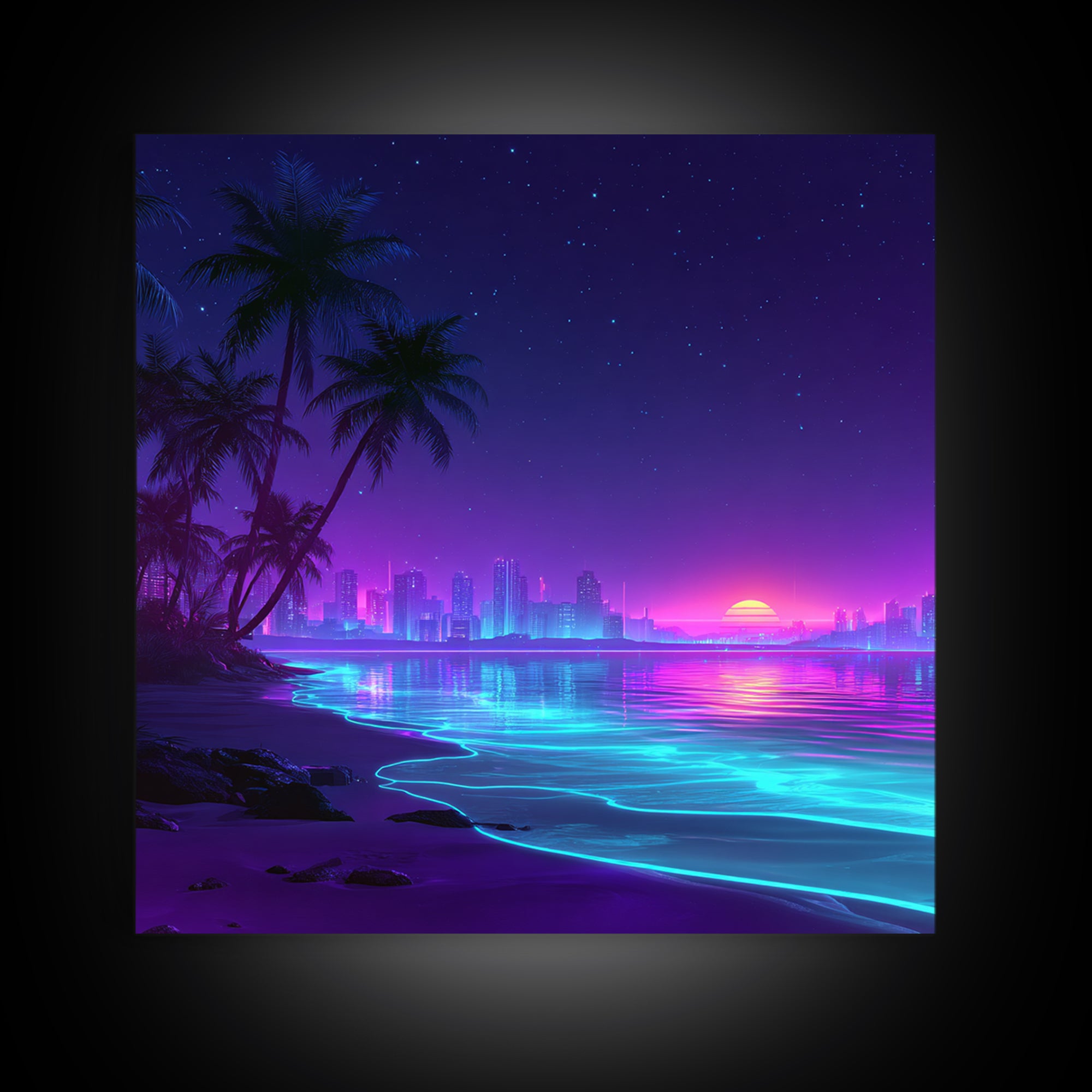 Neon City Beach Sunset Wall Art, Retro Futuristic Coastal Landscape Canvas Print, Modern Coastal Home Decor