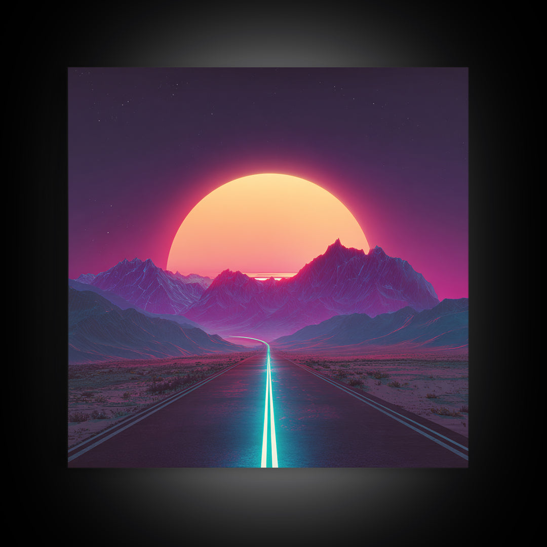 Neon Sunset Mountain Road Wall Art, Retro Futuristic Landscape Canvas Print, Cyberpunk Space Art For Gaming Room And Modern Home Decor