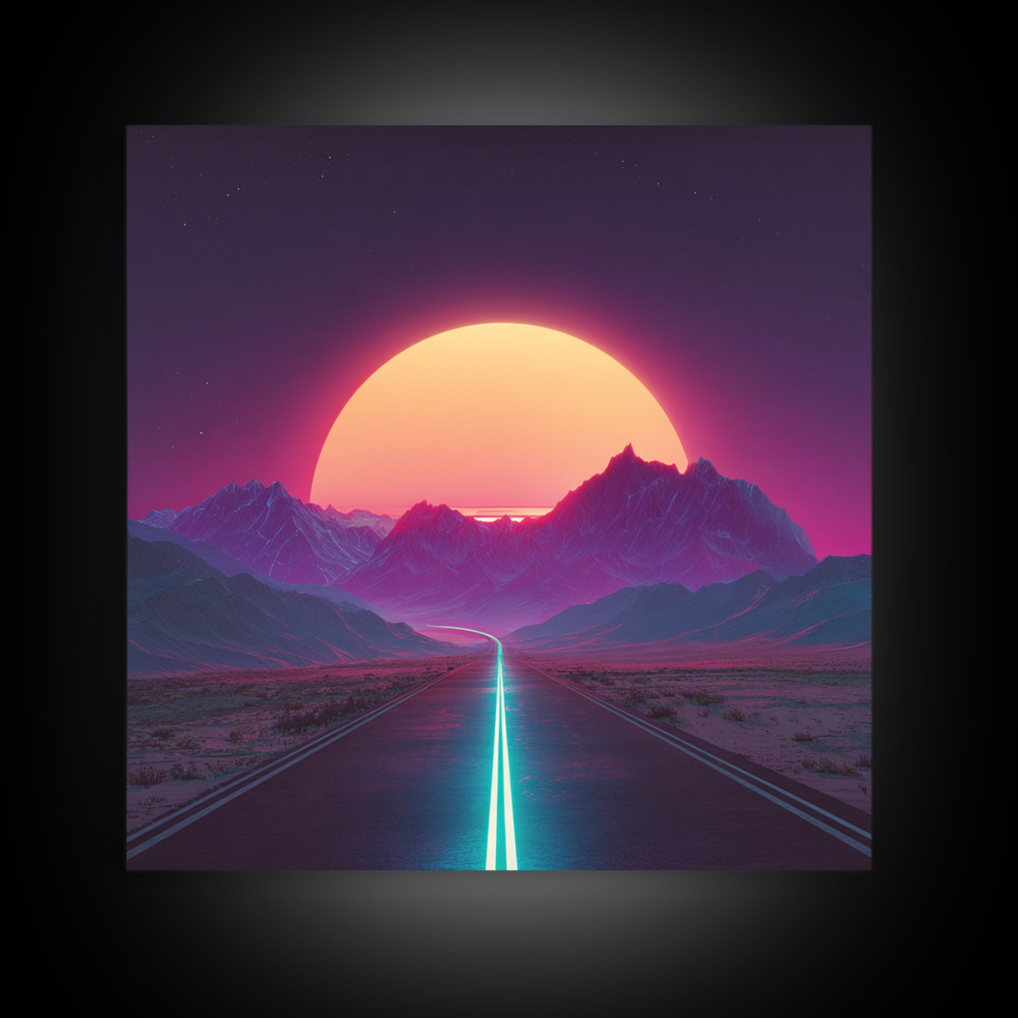 Neon Sunset Mountain Road Wall Art, Retro Futuristic Landscape Canvas Print, Cyberpunk Space Art For Gaming Room And Modern Home Decor