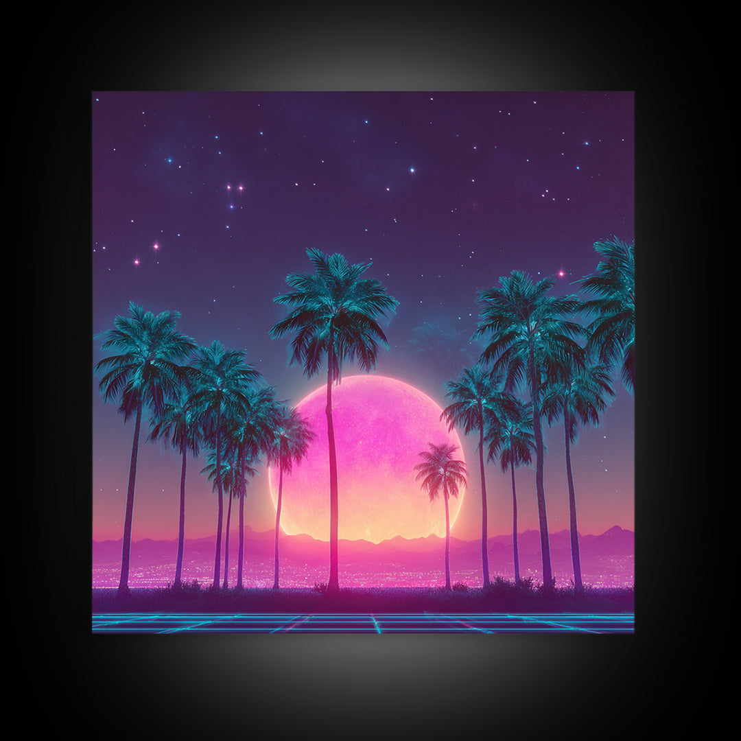 Vibrant Neon Cityscape With Palm Trees And Pink Moon Night Sky Futuristic Wall Art Framed Canvas Print For Living Room