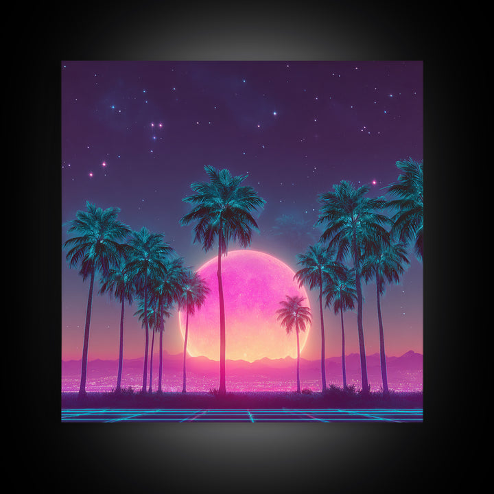 Vibrant Neon Cityscape With Palm Trees And Pink Moon Night Sky Futuristic Wall Art Framed Canvas Print For Living Room