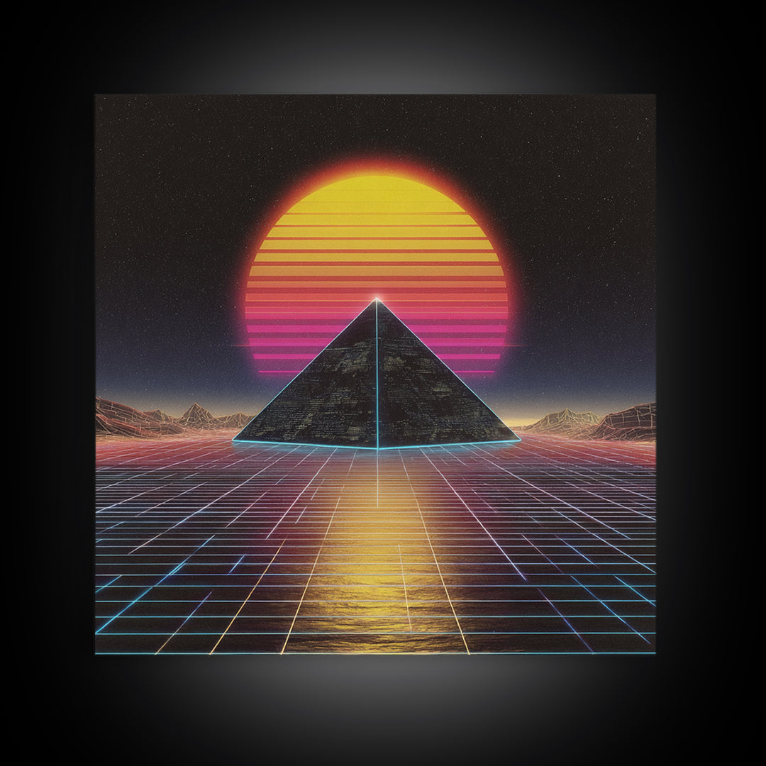 Retro Synthwave Pyramid Sunset Wall Art, Neon Grid Landscape Canvas Print, 80s Aesthetic Home Decor, Sci Fi Poster
