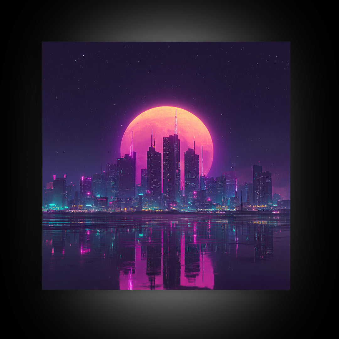 Neon Moon Over Futuristic City Skyline Wall Art, Cyberpunk Night Cityscape Print, Modern Gaming Room Canvas Print