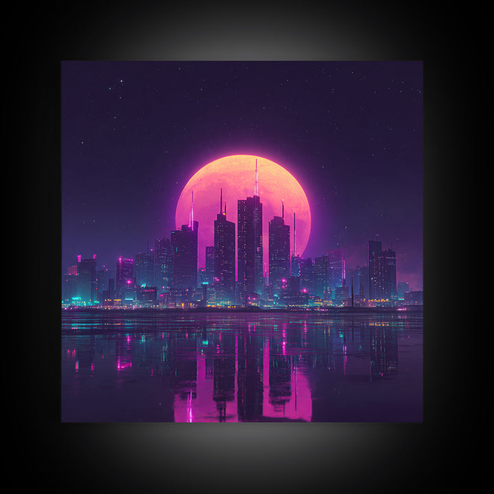 Neon Moon Over Futuristic City Skyline Wall Art, Cyberpunk Night Cityscape Print, Modern Gaming Room Canvas Print