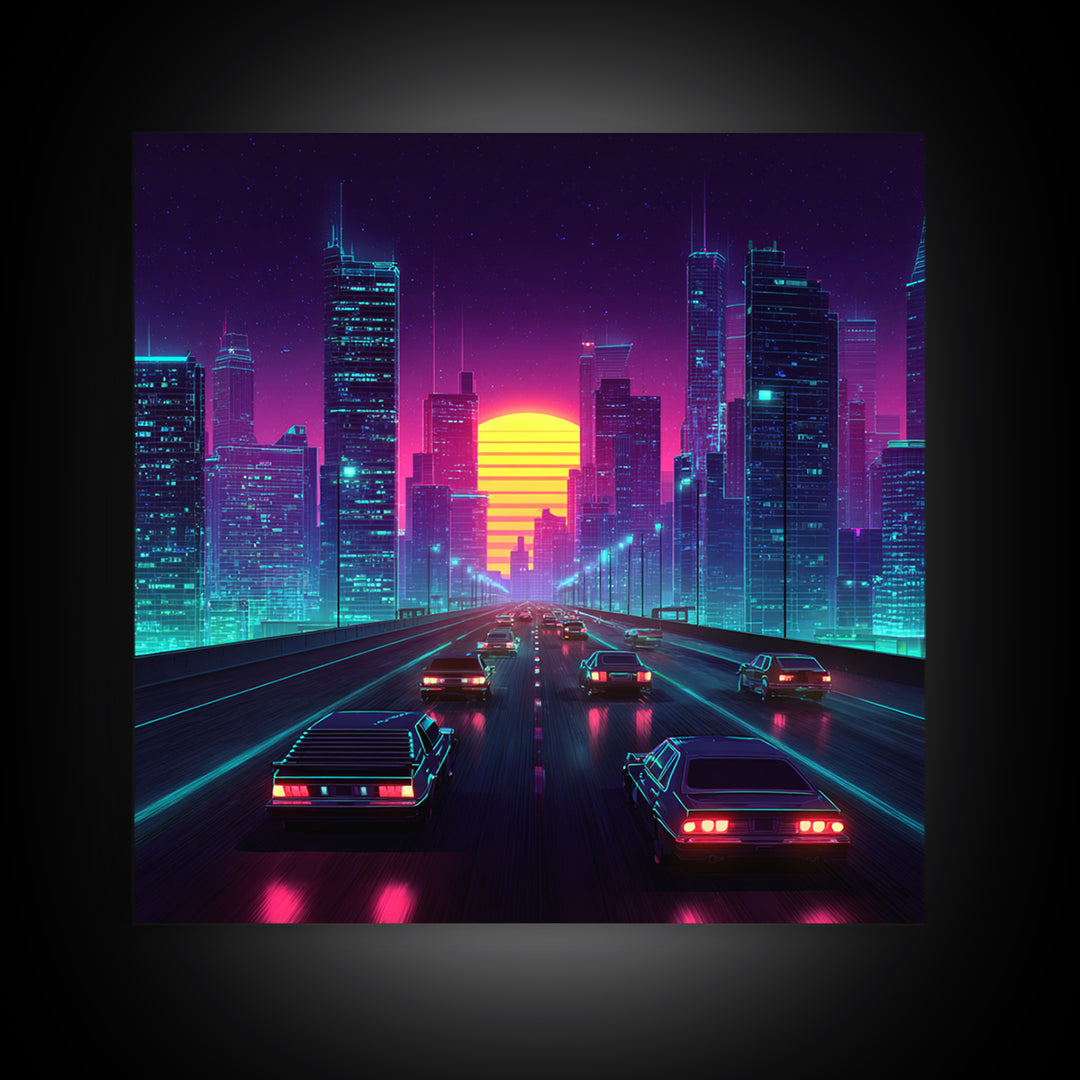 Neon Retro Highway Cityscape Wall Art, Futuristic Synthwave Sunset Canvas Print, Cyberpunk City Modern Home Decor