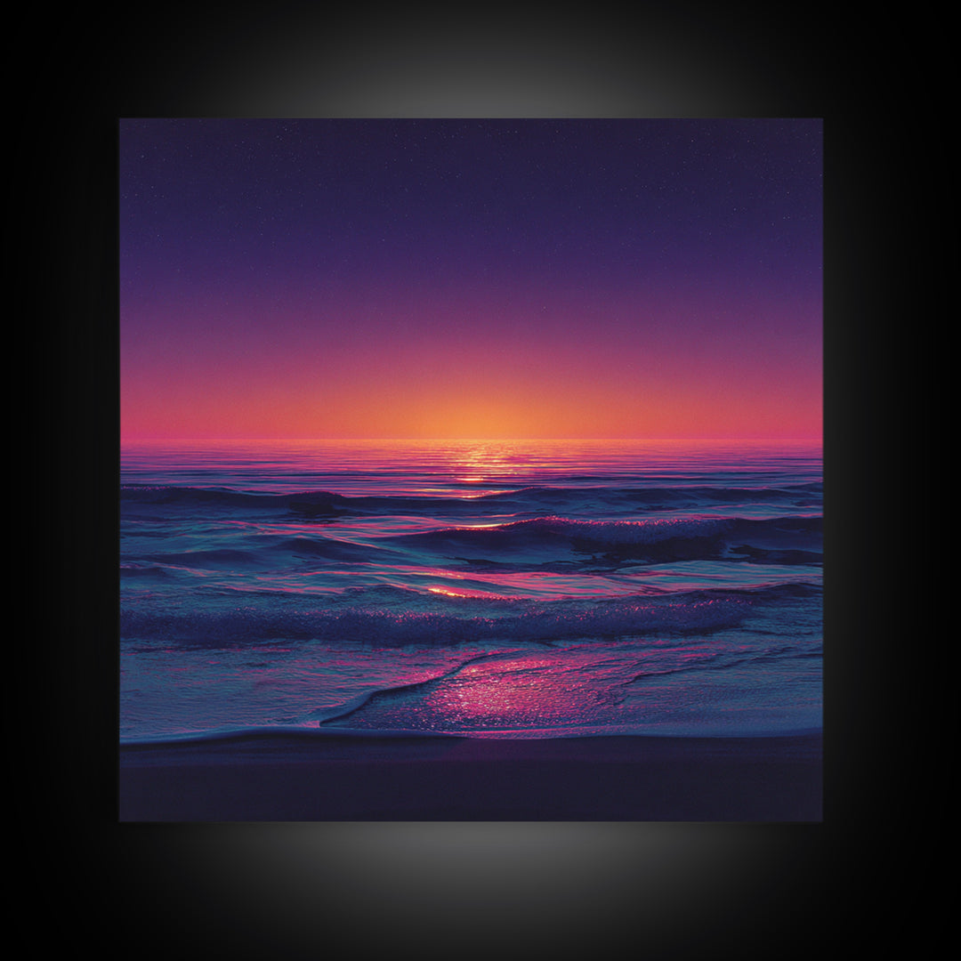 Neon Sunset Over Ocean Waves Wall Art, Colorful Coastal Landscape Print, Modern Beach House Decor Canvas Print