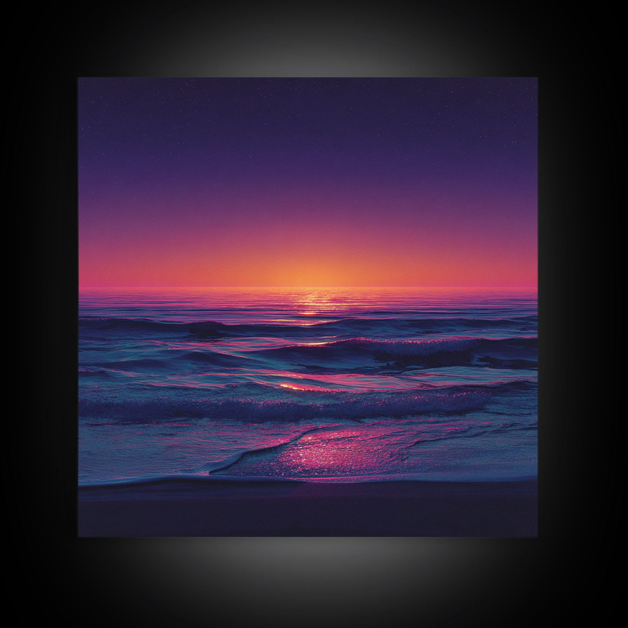 Neon Sunset Over Ocean Waves Wall Art, Colorful Coastal Landscape Print, Modern Beach House Decor Canvas Print