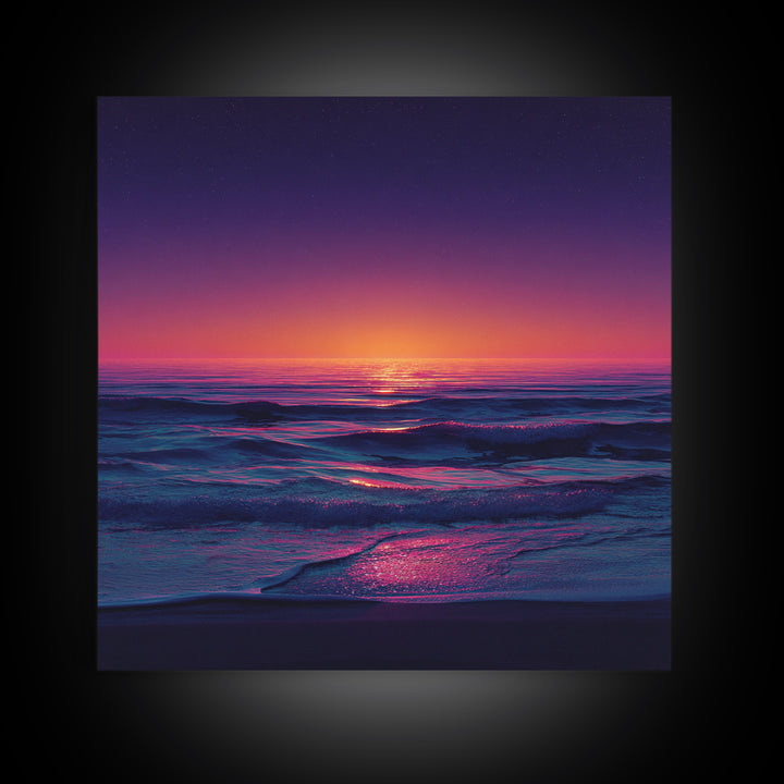 Neon Sunset Over Ocean Waves Wall Art, Colorful Coastal Landscape Print, Modern Beach House Decor Canvas Print