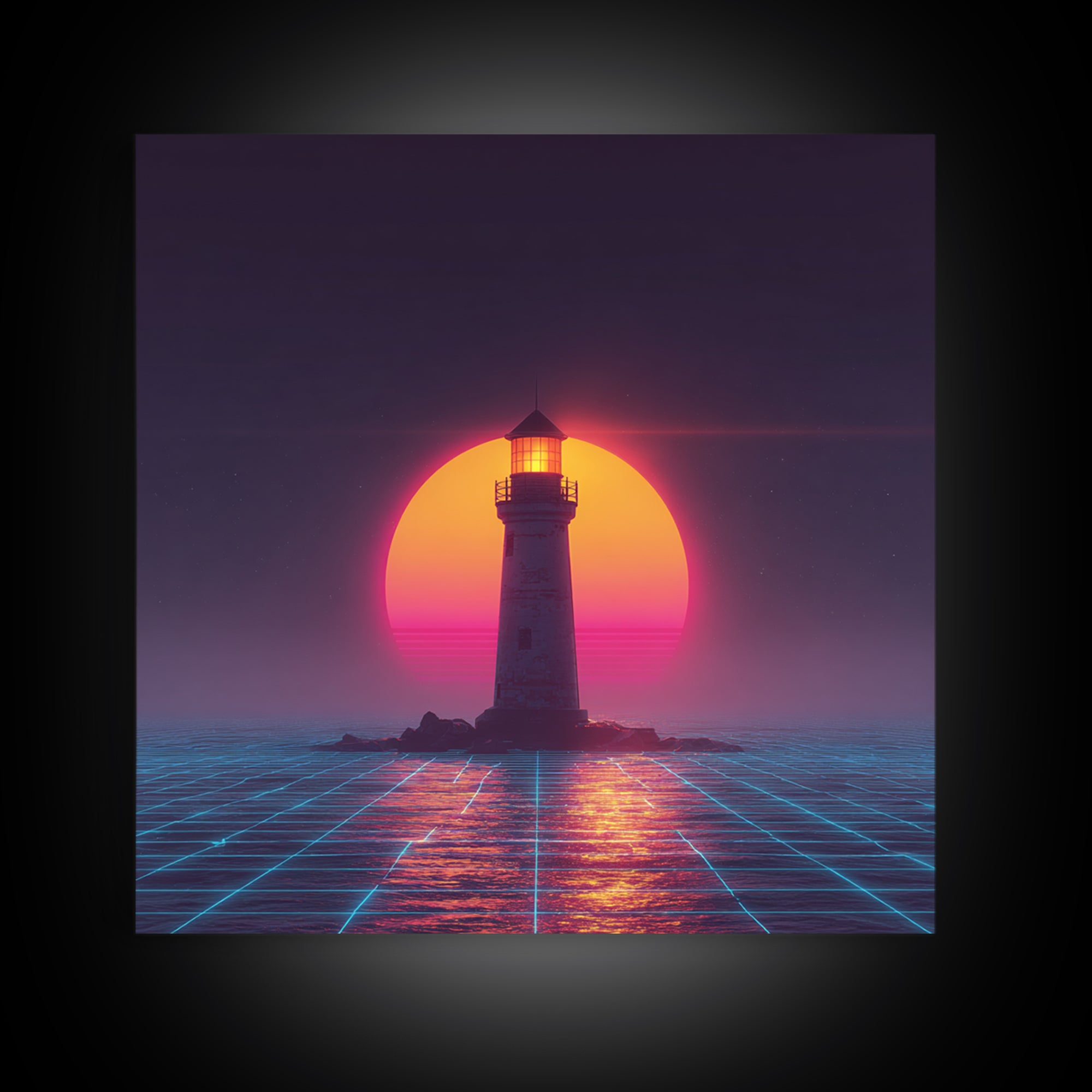 Retro Futuristic Lighthouse Neon Sunset Canvas Print, Synthwave Coastal Wall Art, Vaporwave Ocean Scene For Gaming Room Decor