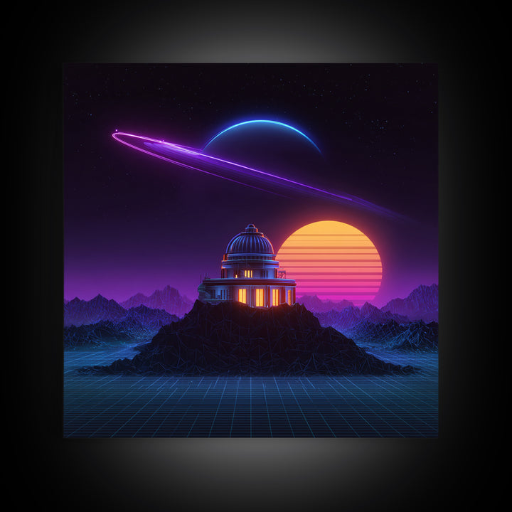 Retro Futuristic Observatory Space Landscape Wall Art, Neon Planet Sci Fi Canvas Print, Vaporwave Decor For Gaming Room