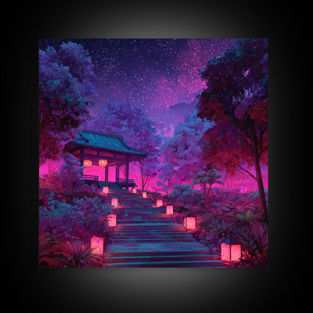 Neon Garden Lantern Path Under Starry Sky Wall Art, Dreamy Japanese Landscape Canvas Print, Aesthetic Room Decor