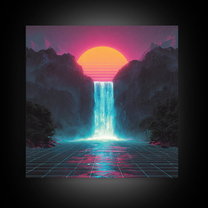 Neon Waterfall Sunset Sci Fi Landscape Wall Art Retro Futuristic Mountain Canvas Print For Gaming Room Modern Home Decor