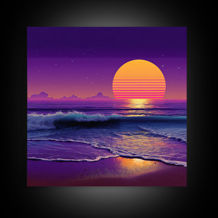 Neon Waves At Dusk Ocean Wall Art, Retro Sunset Beach Print, Vibrant Coastal Home Decor, Synthwave Seascape Living Room Wall Art