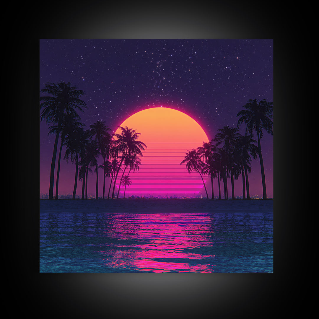 Neon Sunset Palm Tree Beach Canvas Print, Retro Wave Ocean Wall Art, Vibrant Coastal Home Decor, 80s Synthwave Bedroom Art