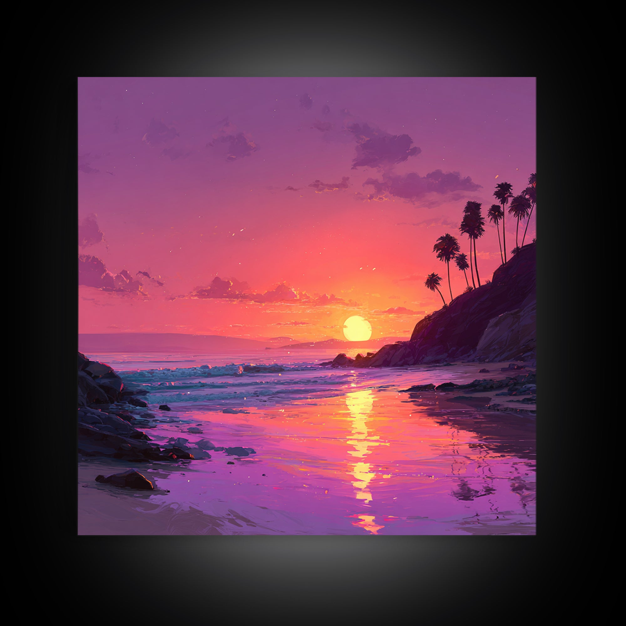 Tropical Sunset Beach Wall Art, Pink Orange Ocean Painting, Coastal Landscape Print, Modern Coastal Decor Framed Canvas Print