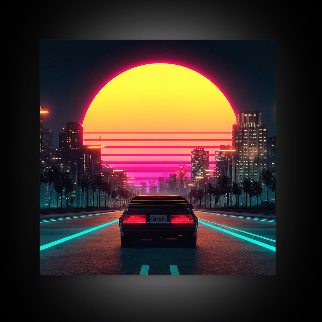 Retro Neon Car Driving Into Sunset Cityscape Wall Art Modern Abstract Framed Canvas Print Home Decor