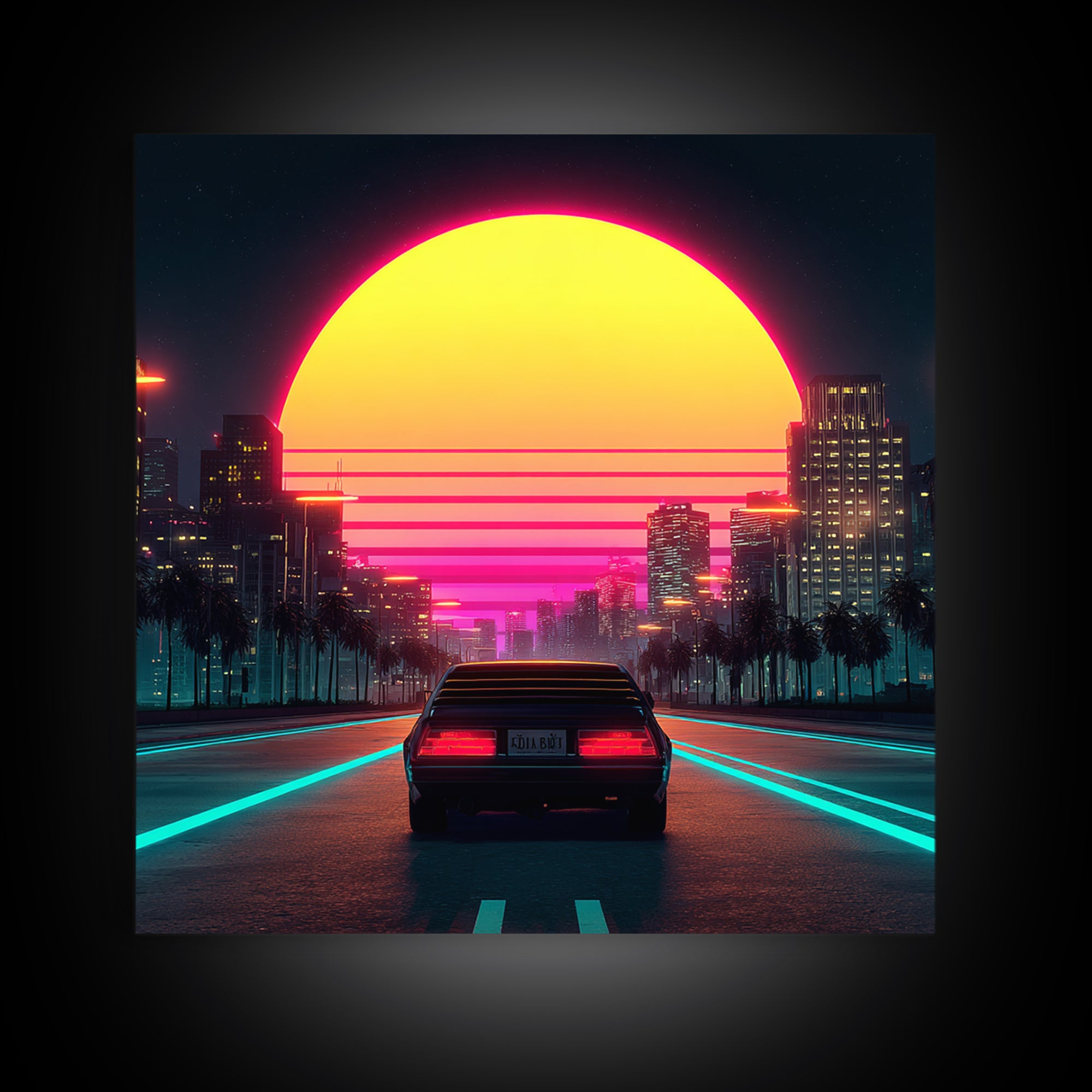 Retro Neon Car Driving Into Sunset Cityscape Wall Art Modern Abstract Framed Canvas Print Home Decor