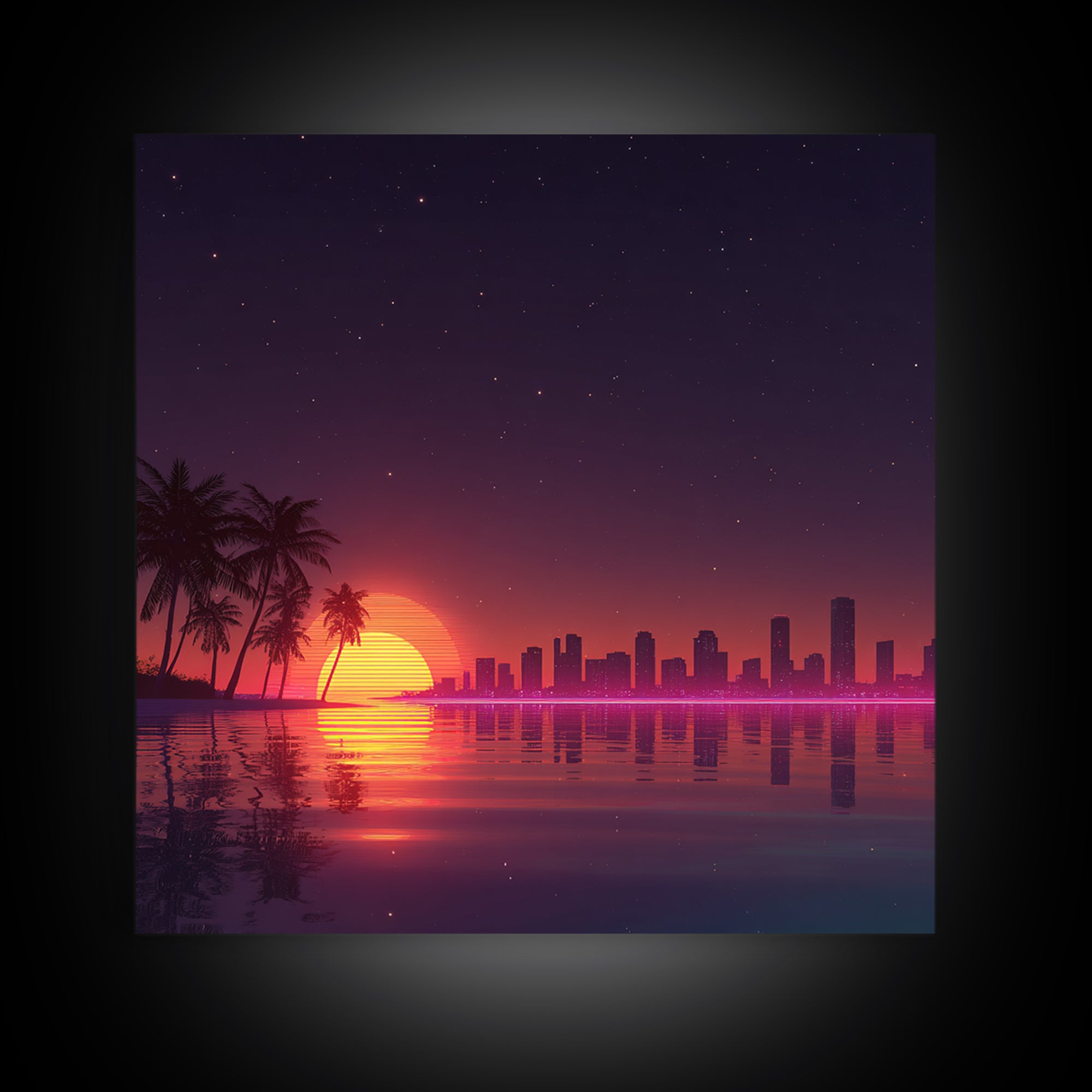 Neon City Skyline Sunset Over Water Retro Coastal Wall Art, Vibrant Nightscape Canvas Print For Modern Home Decor