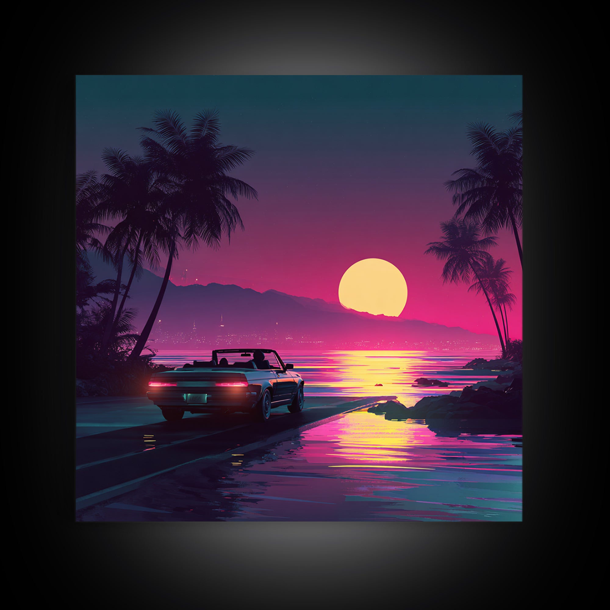 Retro Convertible Driving Into Neon Sunset Wall Art, 80s Aesthetic Beach Road Canvas Print, Vaporwave Room Decor
