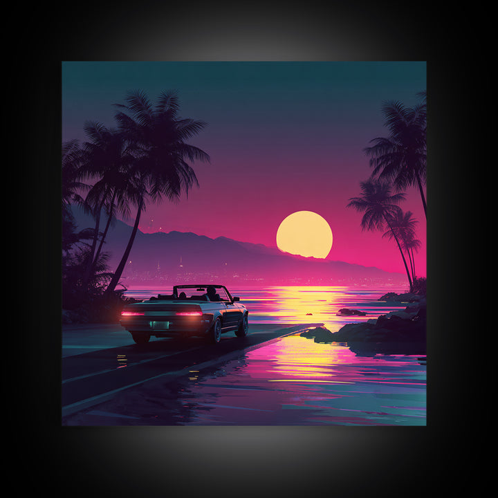 Retro Convertible Driving Into Neon Sunset Wall Art, 80s Aesthetic Beach Road Canvas Print, Vaporwave Room Decor