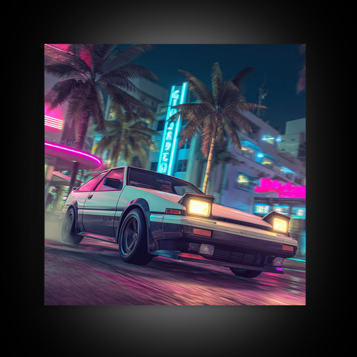 Retro Night City Car Wall Art, Neon Cyberpunk Street Canvas Print, Futuristic Cityscape Art, Gaming Room Decor Poster