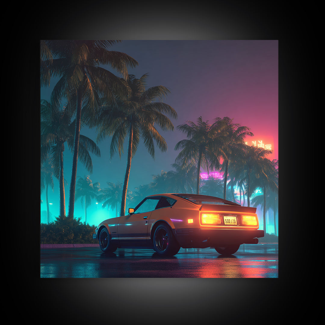 Retro Night Drive Wall Art, Neon Palm Street With Classic Car Canvas Print, Vaporwave Aesthetic Decor