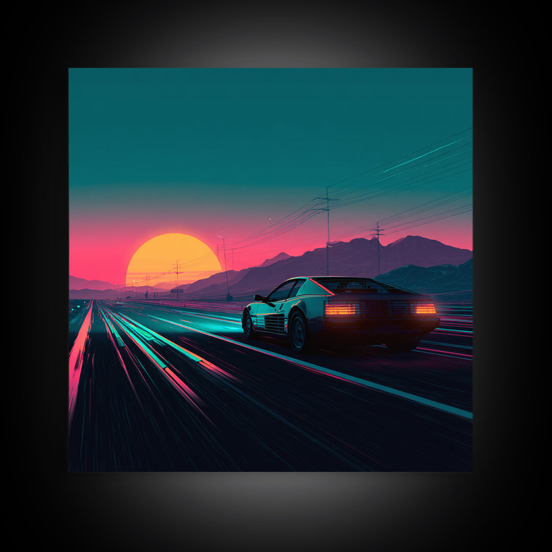 Retro Sports Car At Neon Sunset Highway Canvas Print, Vaporwave Wall Art, Cyberpunk Room Decor, Futuristic Landscape Poster