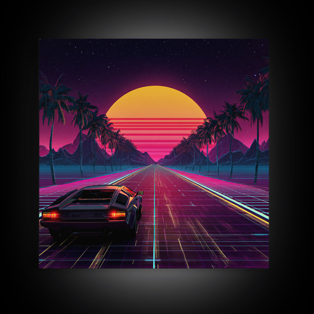 Retro Synthwave Car Driving Into Neon Sunset Wall Art, 80s Vaporwave Palm Road Aesthetic Canvas Print