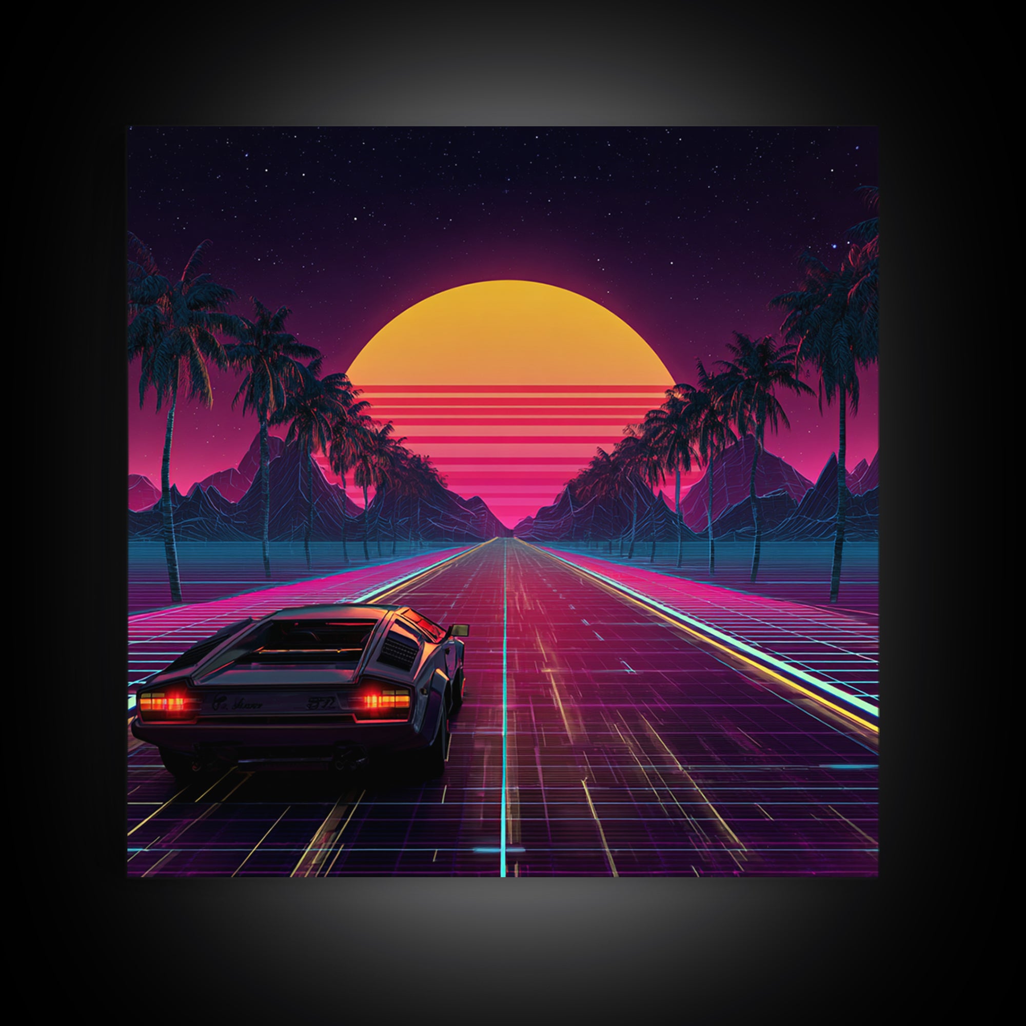 Retro Synthwave Car Driving Into Neon Sunset Wall Art, 80s Vaporwave Palm Road Aesthetic Canvas Print
