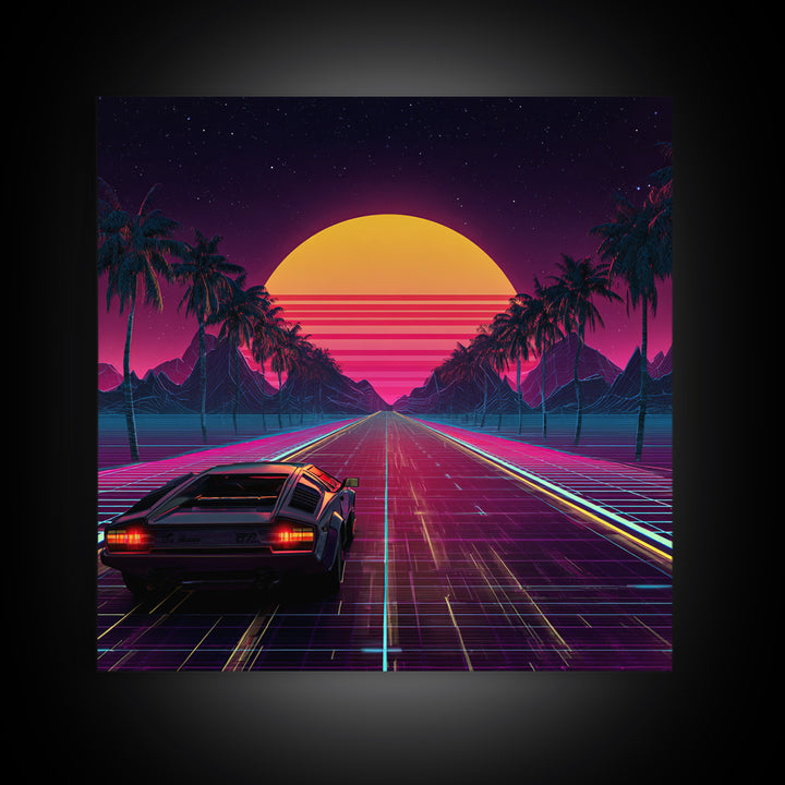 Retro Synthwave Car Driving Into Neon Sunset Wall Art, 80s Vaporwave Palm Road Aesthetic Canvas Print