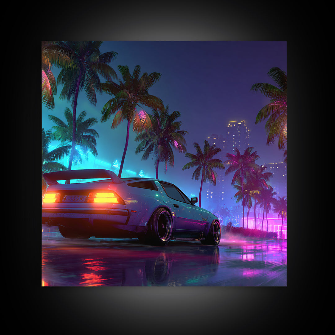 Neon Sports Car Palm Tree Night Wall Art, Retro Coastal City Canvas Print, Cyberpunk Beach Aesthetic Room Decor