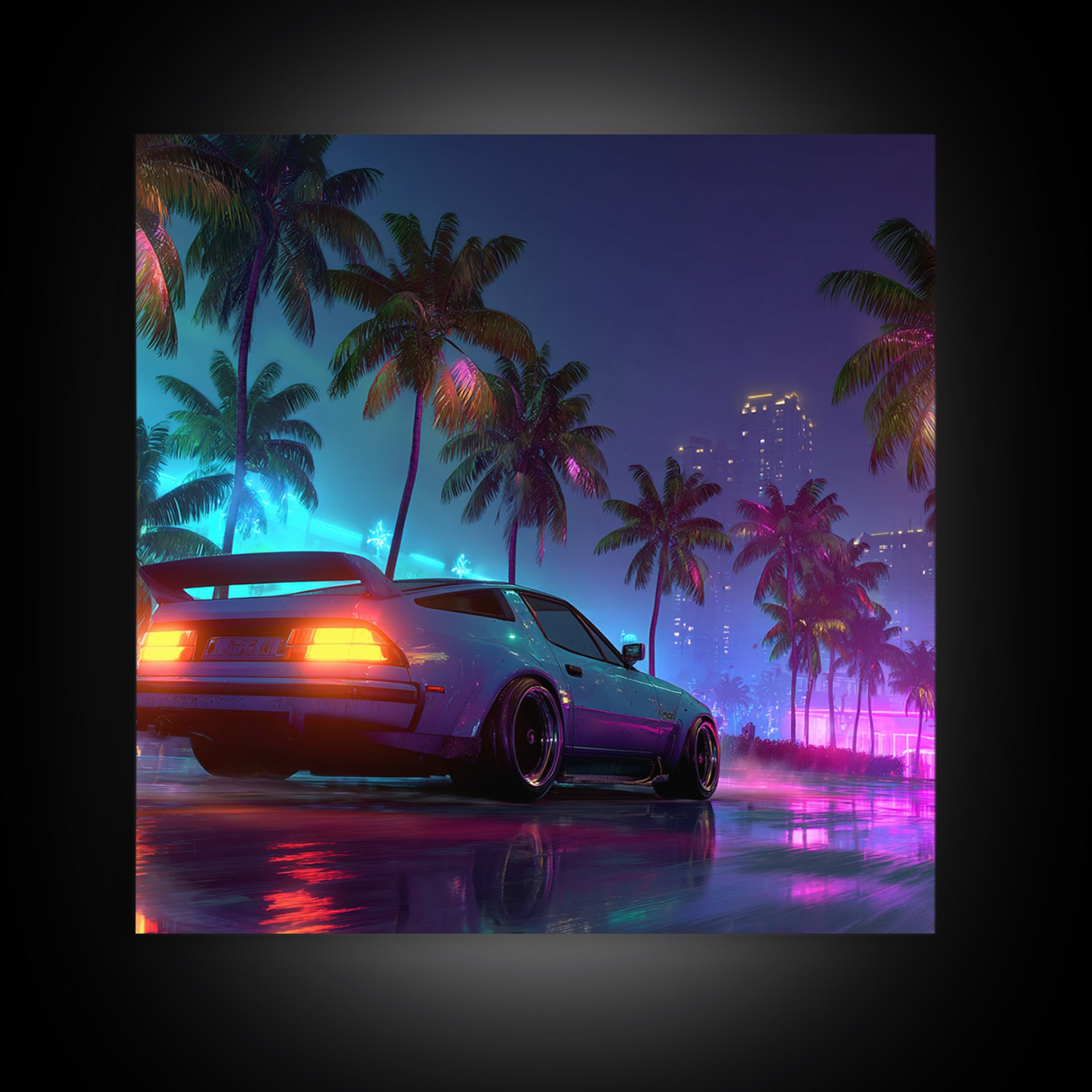 Neon Sports Car Palm Tree Night Wall Art, Retro Coastal City Canvas Print, Cyberpunk Beach Aesthetic Room Decor