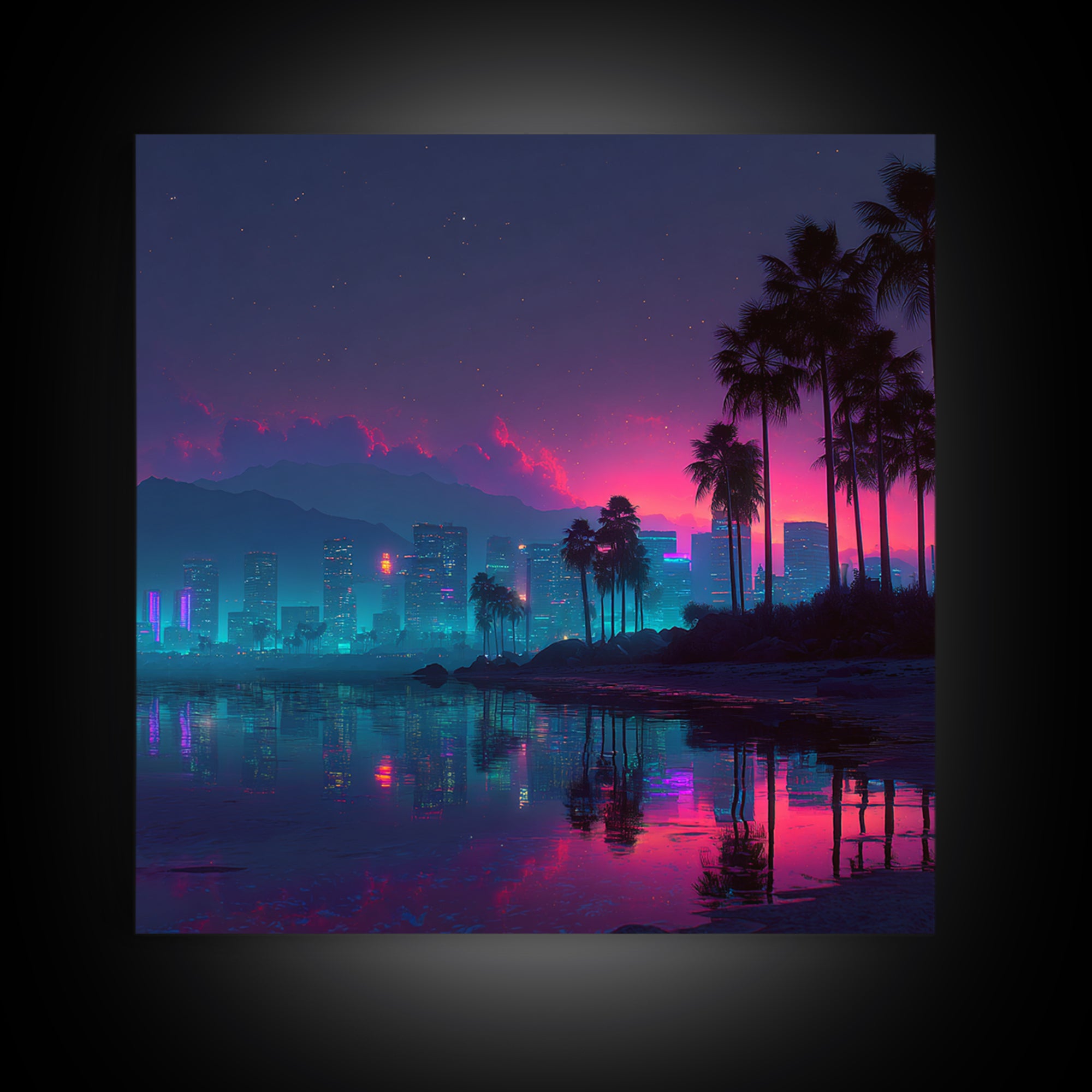 Neon City Beach Sunset Canvas Print, Retro Futuristic Coastal Wall Art, Vaporwave Room Decor Modern Living Room Wall Art
