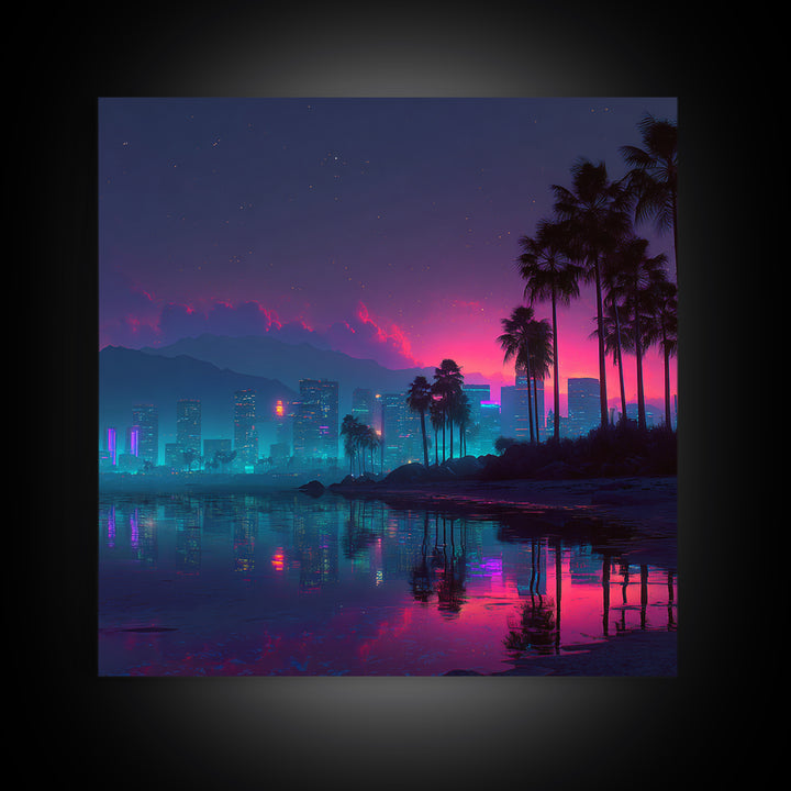 Neon City Beach Sunset Canvas Print, Retro Futuristic Coastal Wall Art, Vaporwave Room Decor Modern Living Room Wall Art