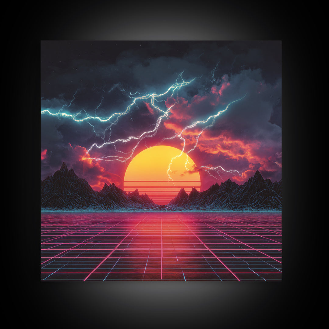 Retro Futuristic Sunset Lightning Landscape Wall Art Neon Grid Sci Fi Canvas Print Gaming Room Decor