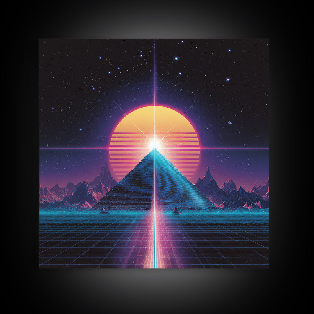 Retro Synthwave Pyramid And Sun Wall Art, Neon 80s Sci Fi Landscape, Vaporwave Gaming Room Decor, Framed Canvas Print