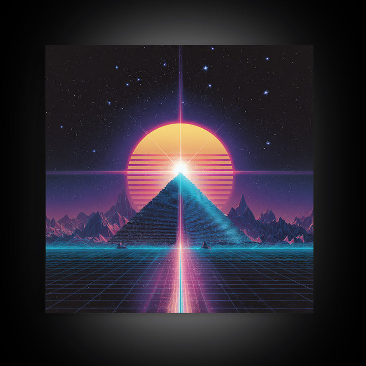 Retro Synthwave Pyramid And Sun Wall Art, Neon 80s Sci Fi Landscape, Vaporwave Gaming Room Decor, Framed Canvas Print
