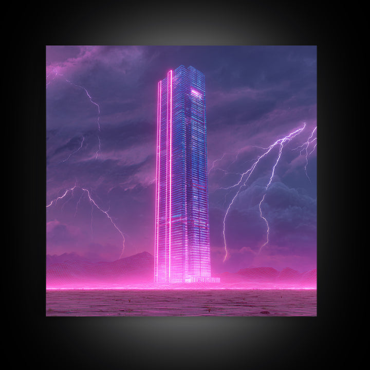 Neon Skyscraper In Storm Futuristic Wall Art, Cyberpunk Cityscape Painting, Sci Fi Modern Art Print, Gaming Room Canvas Print